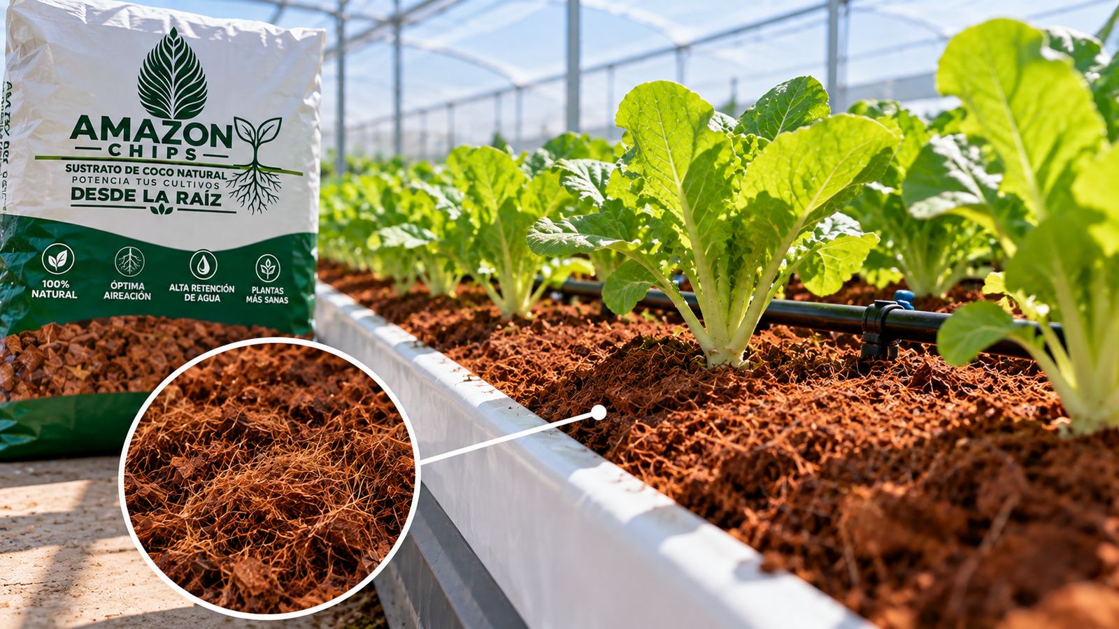 Sustrato de coco Amazon Chips en una cama de cultivo con lechugas