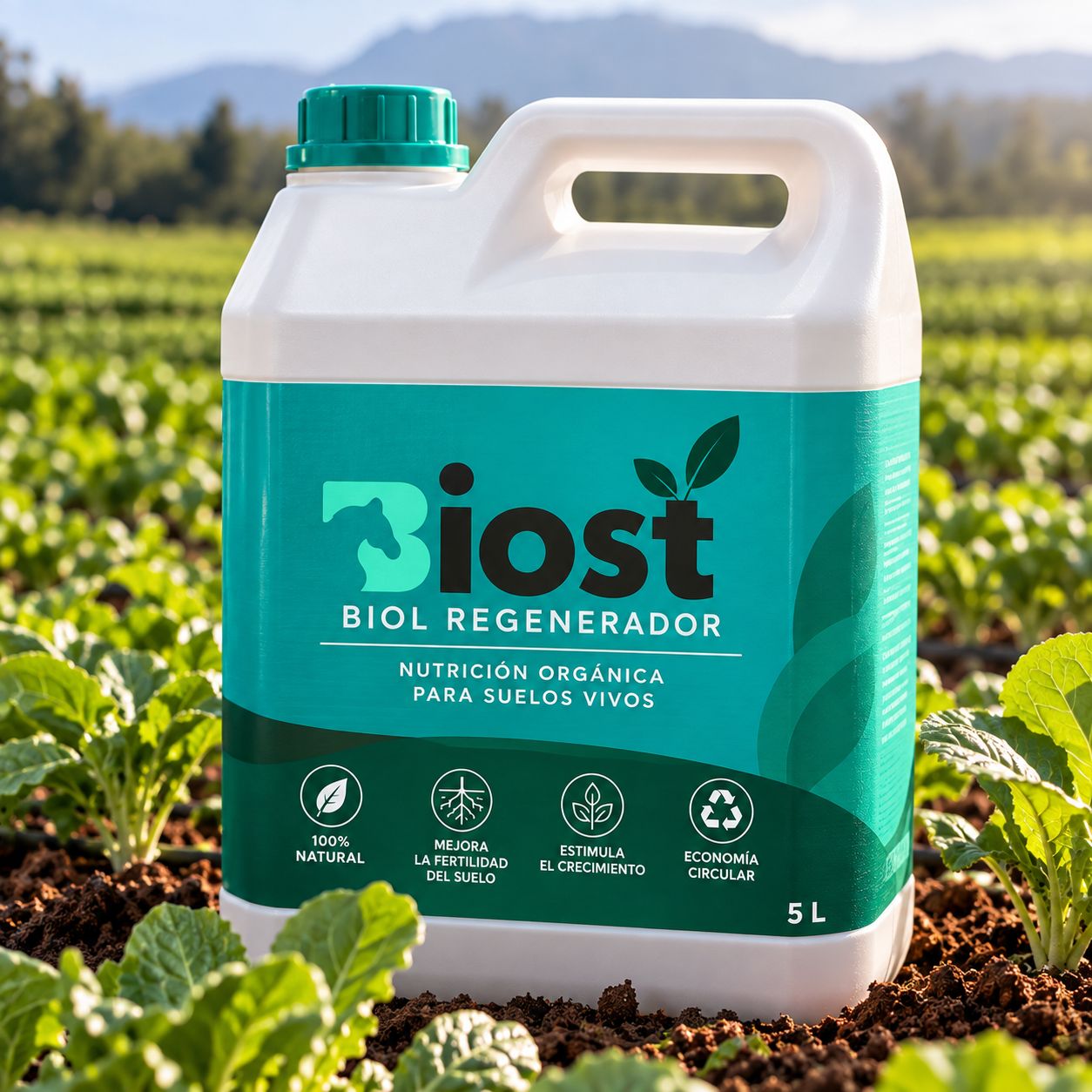 Bidón de 5 litros de Biol Regenerador Biost en un campo de cultivo