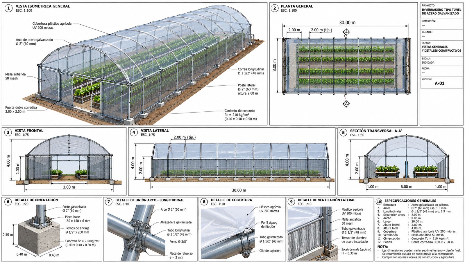 Plano CAD del invernadero con planta, cortes y detalles de uniones