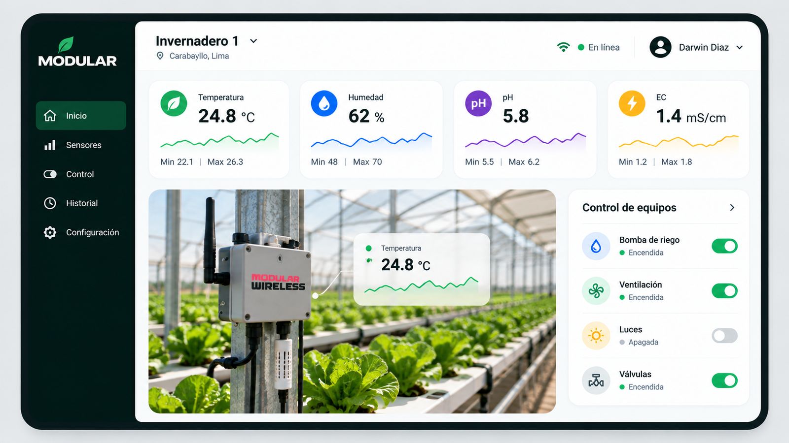 Aplicación de MODULAR con temperatura, humedad, pH y control de equipos