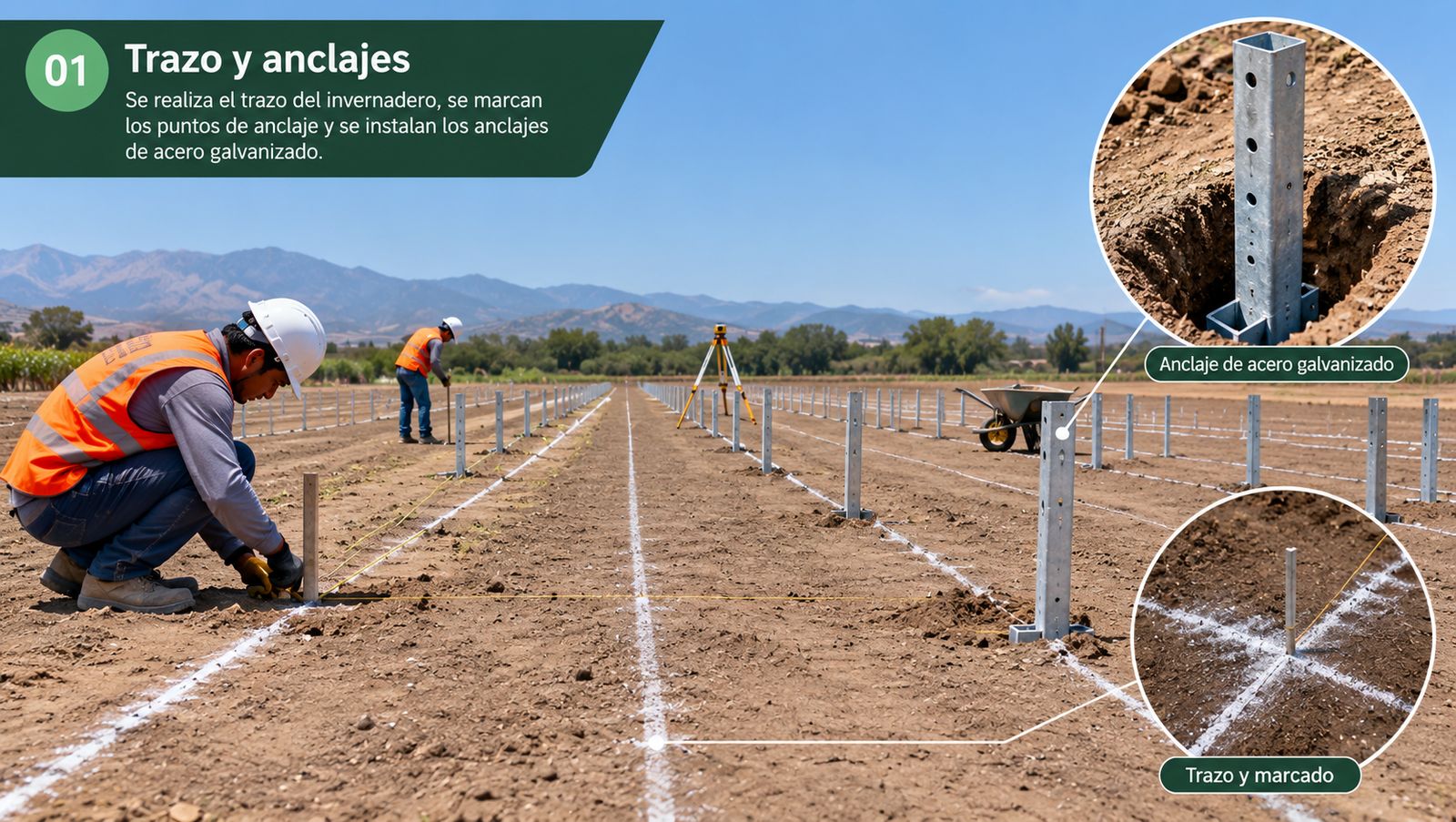Técnico marcando el trazo e instalando anclajes en el terreno