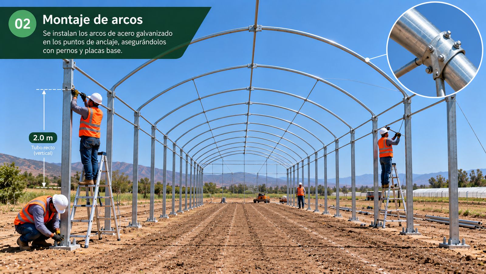 Técnicos levantando los arcos de acero del invernadero
