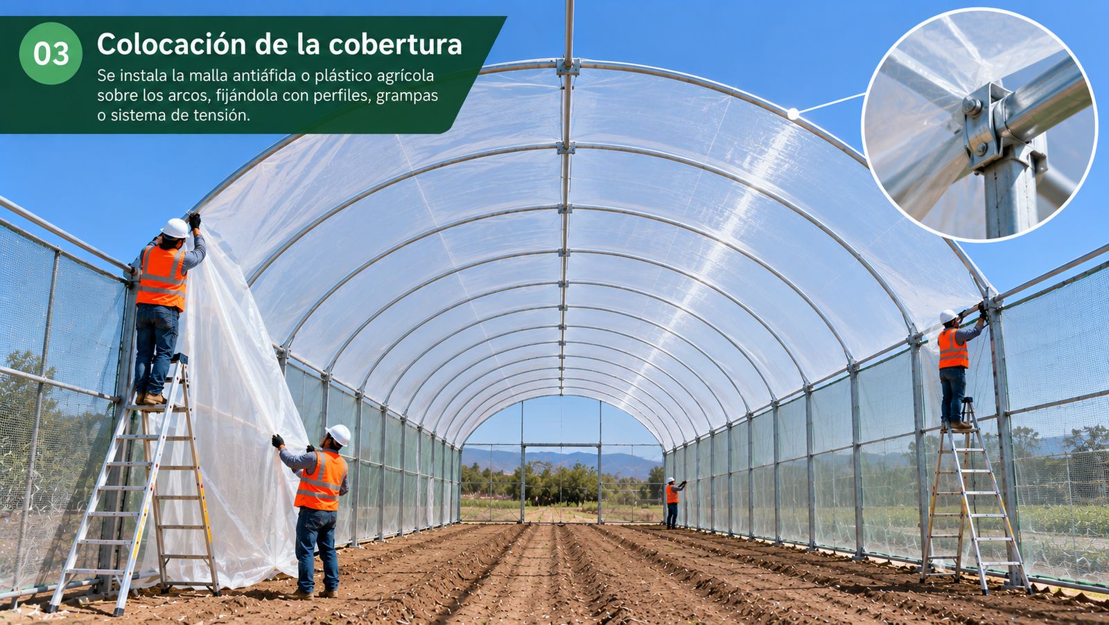 Técnicos colocando la cobertura plástica sobre los arcos