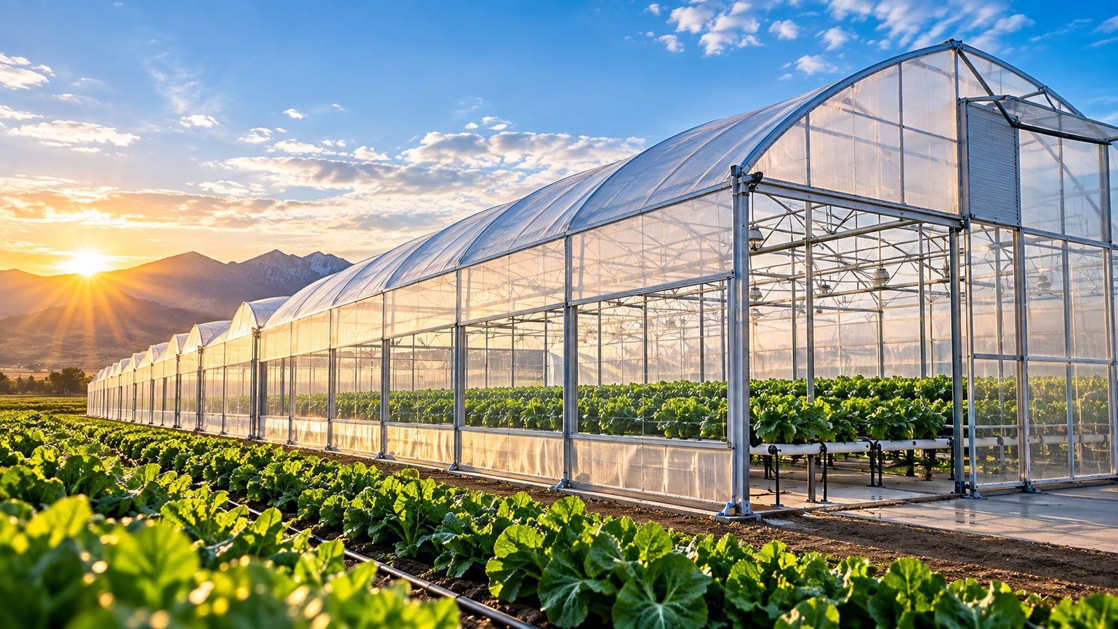 Macrotúnel de acero galvanizado con cobertura plástica sobre un campo de cultivo al atardecer