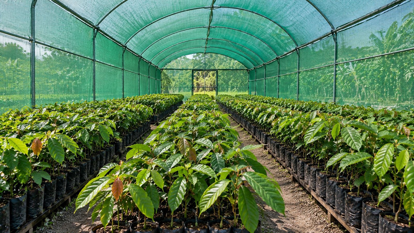 Vivero con plantines en bolsas bajo malla de sombra