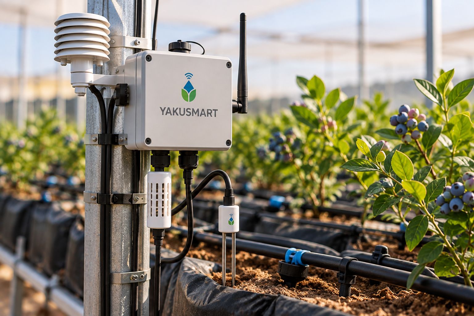 Estación YakuSmart con sensores en un cultivo de arándanos